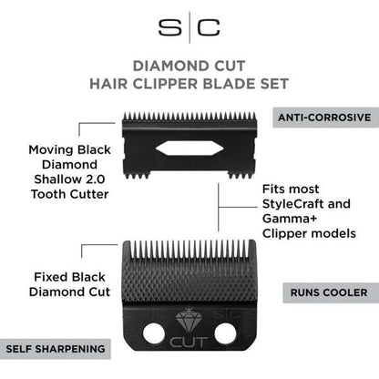 Stylecraft Replacement Diamond Cut Fixed Fade Hair Clipper Blade with Shallow Tooth 2.0 Moving Cutter Set #SC540B