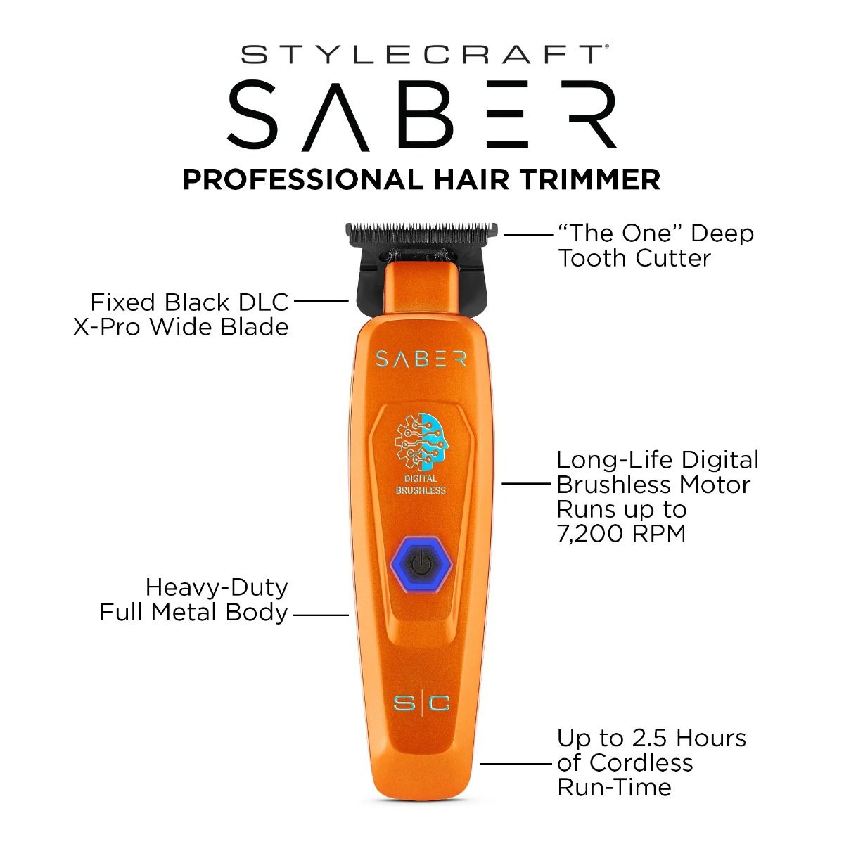 Stylecraft Pro Saber Metal Trimmer #SC421O with Brushless Motor - Orange