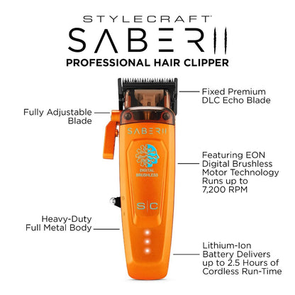 Stylecraft Pro SABER II Metal Clipper #SC617O with Digital Brushless EON Motor - Orange