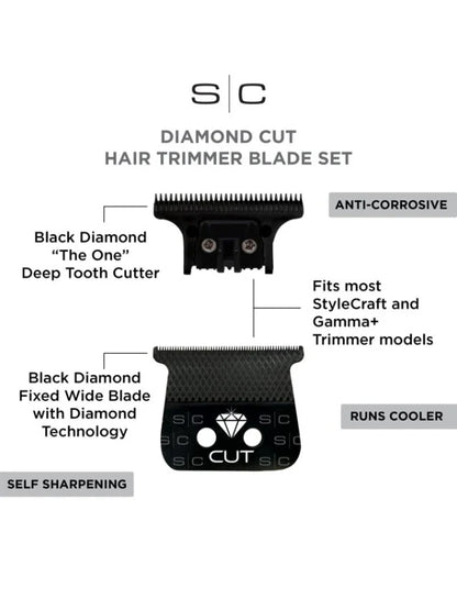Style Craft Diamond Cut Fixed Black Diamond DLC Hair Trimmer Blade with The One Cutter Set Replacement Blade #SC541B